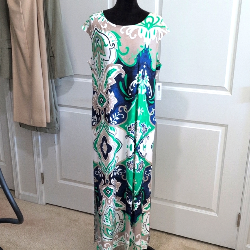 NWT Chicos Boat Neck Maxi Green and Blue Patterned Dress